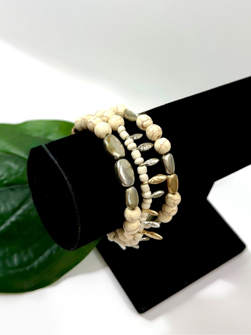 J. Jill Boho Layered Neutral Tone Stretch Stack Set of 3 Stone Bracelet NWT